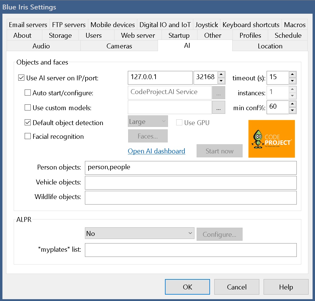 Blue Iris AI Settings AI tab